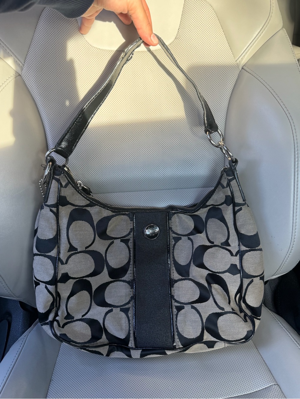 Coach Black and Gray Signature Hobo Shoulder Bag